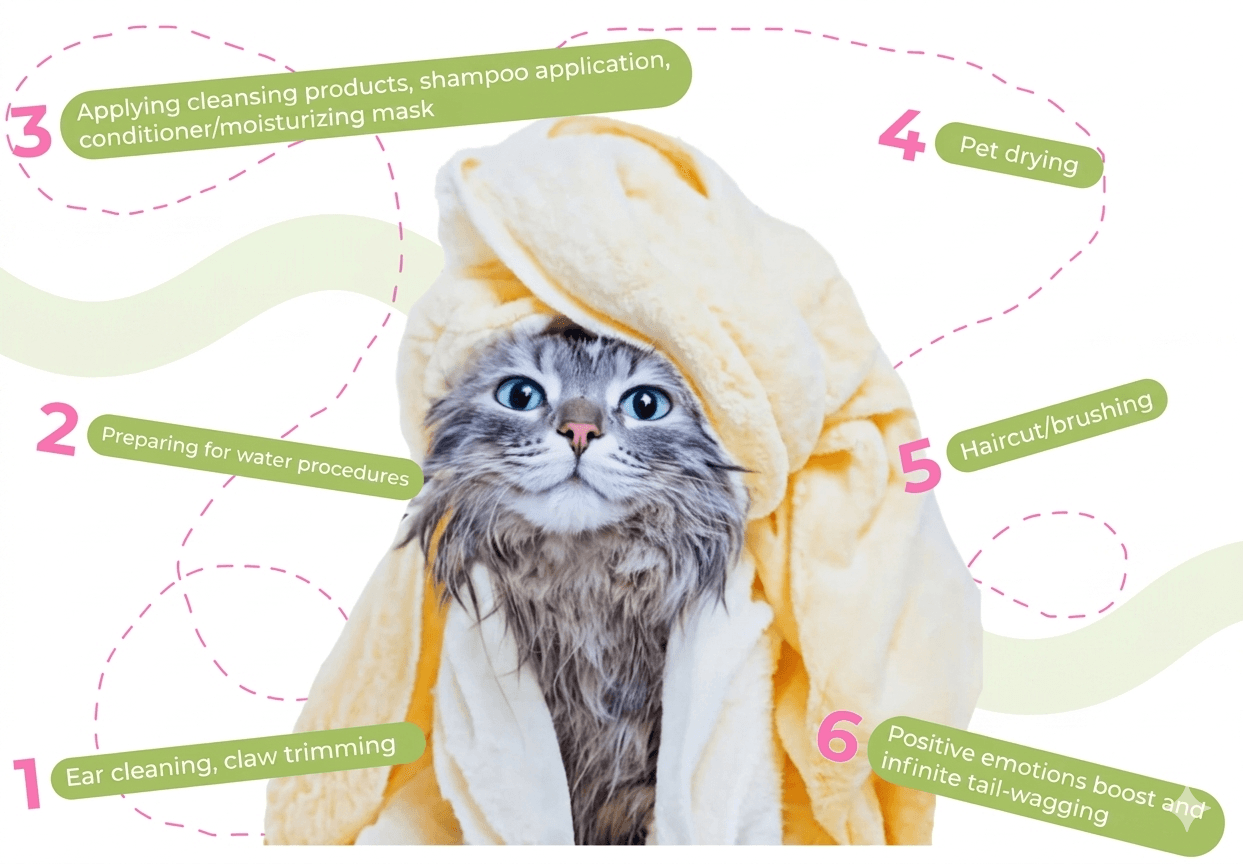 Work stages: 1. Cleaning ears and nails, 2. Preparation for water procedures, 3. Washing with shampoo and mask, 4. Drying, 5. Grooming/Combing, 6. Positive emotions.